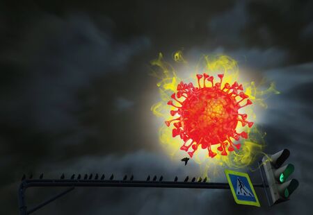 Conceptual view of coronavirus with green traffic lights and silhouettes of dark birds on the...