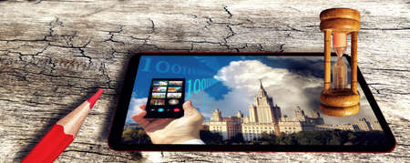 Conceptual picture of digital education using smart phone connecting to the cloud on background of...
