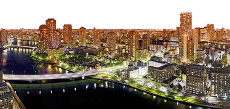 Wide angle aerial Tokyo panorama of Sumida river with bright bridges, illuminated skyscrapers and...