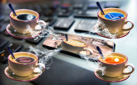 Collage picture of morning caps of coffee and enter computer keyの写真素材