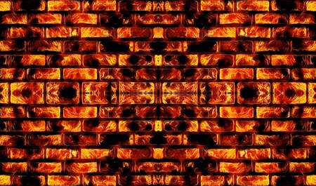 Colorful block tile pattern imitating brick wall in red flame