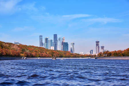 Early autumn day over Moscow river under blue skyの写真素材