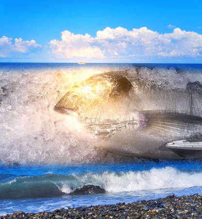 Collage image of dead ocean dorado fish cooled in ice on background of sea waves and shipsの写真素材