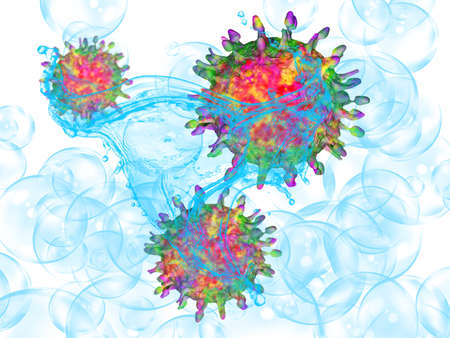 Concept of health care in epidemic time: washing up the COVID 19 virus with water and soap bubbles on abstract backgroundの写真素材