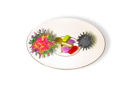 Ceramic plate with colorful pills with alive or dead virus species on white