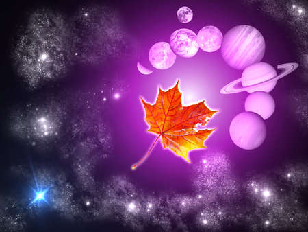 Conceptual view of autumn and the Universe: red maple leaves on Space colorful backgroundの写真素材