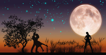 Dark silhouettes of people in love triangle under full Moon in starry nightの写真素材