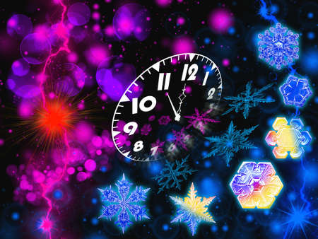 Abstract background of going New Year with tilted clock, snowflakes, thunderbolts and sparksの写真素材