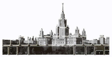 Silhouette of old university in Moscow filled with computer keyboard symbols isolated on white backgroundの写真素材