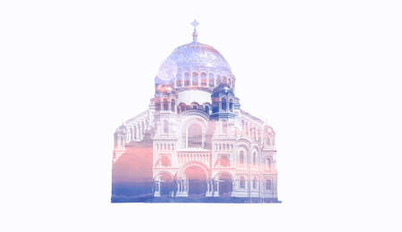 Silhouette of orthodox cathedral filled with dramatic sunset clouds and isolated on white background