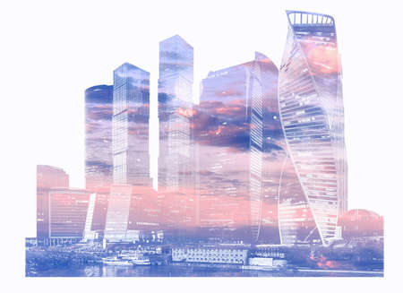 Silhouette of Moscow downtown skyscrapers filled with dramatic sunset clouds isolated on white backgroundの写真素材