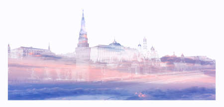 Silhouette of Moscow Kremlin filled with dramatic sunset clouds and isolated on white backgroundのeditorial素材
