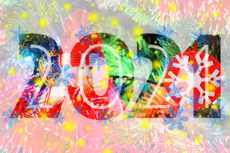 New year collage with xmass tree sparks, snowflakes and bright toysの写真素材