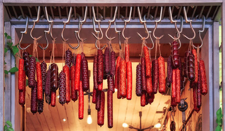 Hanging red smoked sausages on metallic hooks for saleの写真素材