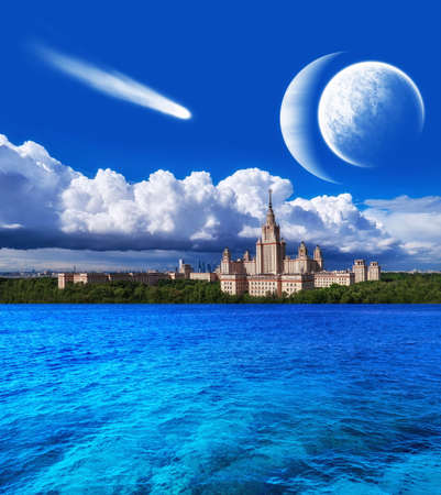 Fantasy collage picture of extraterrestrial sunny campus buildings of famous university under dramatic cloudy sky with two satellite planets and cometの写真素材