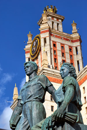 Moscow, Russia - April 5 2021: Fragments of building in campus of Moscow university, monument of studentsのeditorial素材