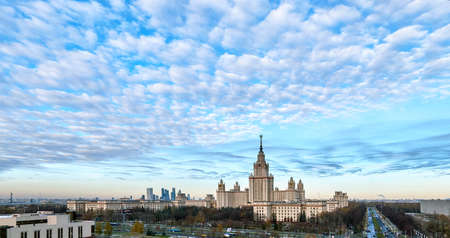 Moscow, Russia - April 25 2021: Aerial panoramic view of sunset campus buildings of famous Moscow university under dramatic cloudy sky in springのeditorial素材