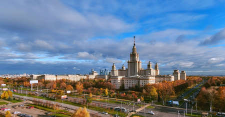 Moscow, Russia - October 30 2020: Aerial panoramic view of sunset campus buildings of famous Moscow university under dramatic cloudy sky in autumnのeditorial素材