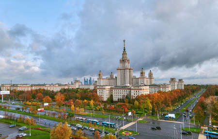 Moscow, Russia - October 30 2020: Aerial panoramic view of sunset campus buildings of famous Moscow university under dramatic cloudy sky in autumnのeditorial素材