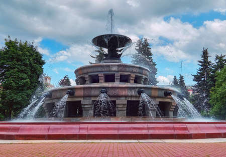 Moscow, Russia - April 25 2021: Fountains in sunset campus of famous Moscow university under cloudy sky in springのeditorial素材