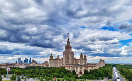 Moscow, Russia - May 13 2021: Aerial panoramic view of sunset campus buildings of famous Moscow university under dramatic cloudy sky in springのeditorial素材