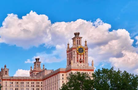 Fragments of building and towers in campus of famous university in Moscow under blue sunset skyのeditorial素材
