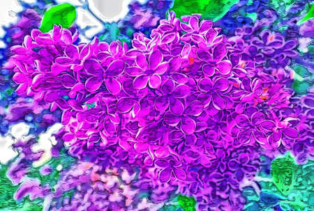 Digital drawing of vibrant pink lilac flowers in spring in botanical gardenの写真素材