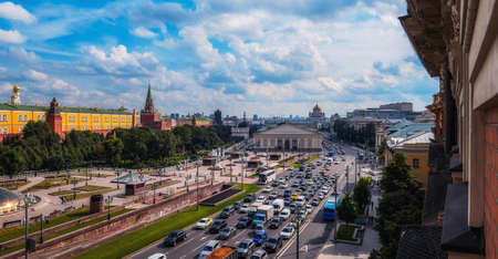 Moscow, Russia - July 29 2021: Sunny aerial view on Kremlin, Red Wall and Mokhovaya street