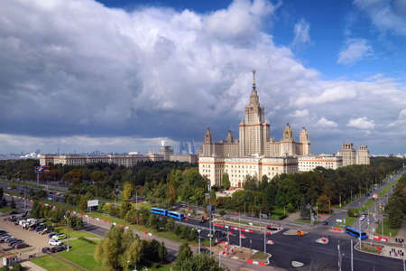 Moscow, Russia - September 10 2021: Aerial panoramic view of campus buildings of famous Moscow university under dramatic cloudy sky in early autumnのeditorial素材
