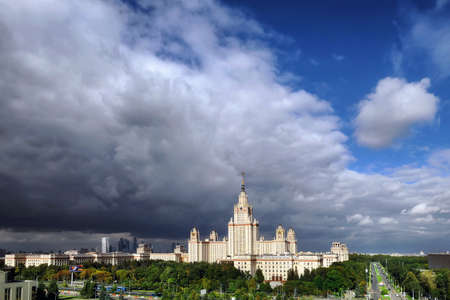 Moscow, Russia - September 10 2021: Aerial panoramic view of campus buildings of famous Moscow university under dramatic cloudy sky in early autumnのeditorial素材