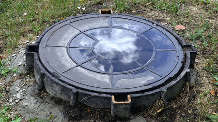 Moscow, Russia - October 10 2021: Cracked metallic well cover on Moscow street with small pond reflecting clouded skyの写真素材