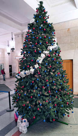 Moscow, Russia - December 25 2021: New year and Xmas street decoration in Moscow State University, evergreen tree with white cubes denoting symbols of chemical elementsのeditorial素材