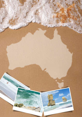 Australian textured map on the beach with pictures of tourist attractions and citiesの写真素材