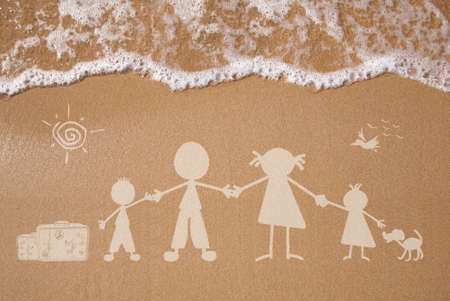 Stick figure family travels at the beach as conceptの写真素材