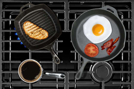 Close-up of Cooking Continental Breakfast on Stove Top Viewの写真素材