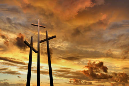 Three crosses on the mountain Golgotha representing the day of Christ?s crucifixion