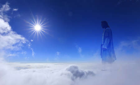 Jesus Christ in sky with clouds heavenの写真素材