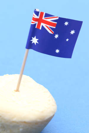 Australian fruit bites on blue plate over blue backgroundの写真素材