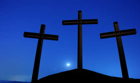 Three crosses over blue Starry sky with copy spaceの写真素材
