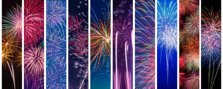 Colorful fireworks are on dark background. Concept of aesthetic and entertainmentの写真素材