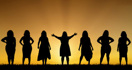 SSilhouette of obese middle age women on sunset background panoramic viewの写真素材