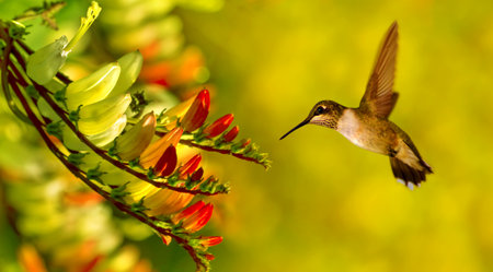 Tiny hummingbird over bright summer background concept of natureの写真素材
