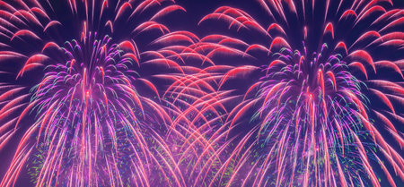 Colorful fireworks are on dark blue background. Concept of aesthetic and entertainment