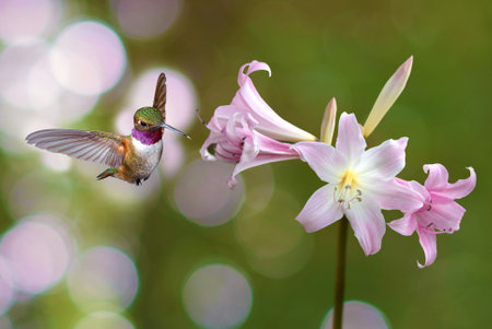 Hummingbird hovers delicately over a swamp lily flowers against a serene summer backgroundの写真素材