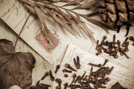 Flat Lay of autumn leaves, old letters and cookiesの写真素材