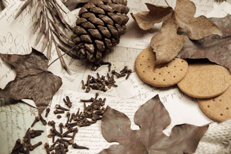 Flat Lay of autumn leaves, old letters and cookiesの写真素材