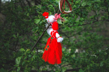 Girl and boy in White and red made of yarn hung on a green tree, a tradition in Bulgaria in the springの写真素材