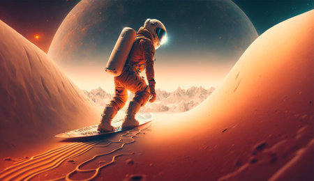 An astronaut is snowboarding on the planet Marsの素材
