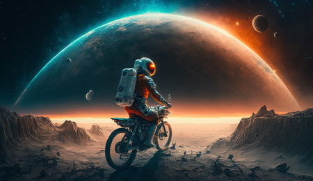 An astronaut is riding a bicycle on an unknown planet opposite planet Earth. 3D renderingの素材