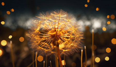 Dandelion seeds close-up. Dandelion seeds flying in the wind with bokeh backgroundの素材